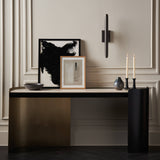 Creme Travertine Console Table with Bronze Accents, styled view