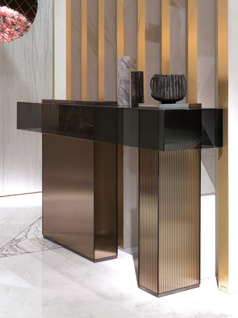 Visionnaire Marty Console: Modern luxury reimagined. This award-winning console table features a unique textural contrast between bronze mirror and smoked crystal.