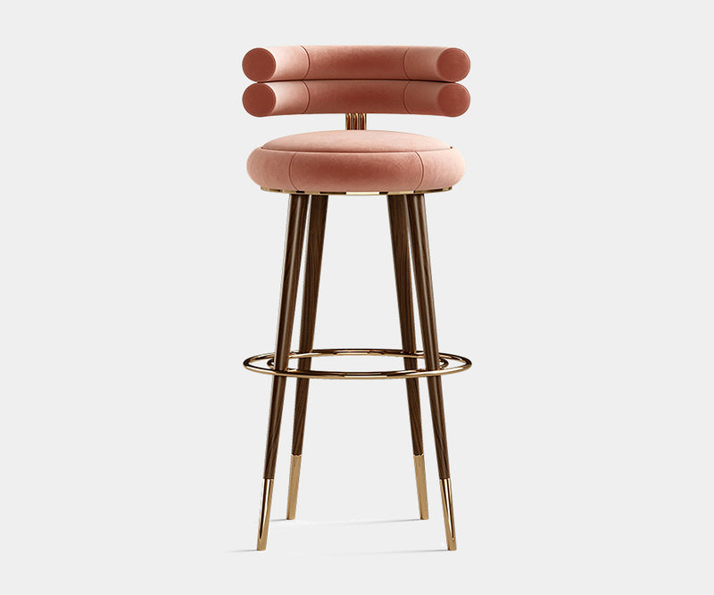 Elegant bar stool featuring polished brass accents and matte walnut wood base from the Mezzo Collection