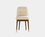 Modern dining chair, walnut wood frame, brass detailing, comfortable seating