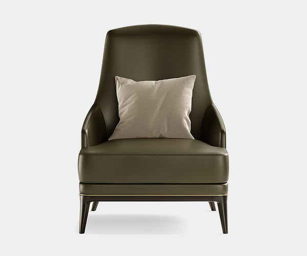 Modern curvy armchair with high backrest and luxurious fabric upholstery, perfect for sophisticated home decor.