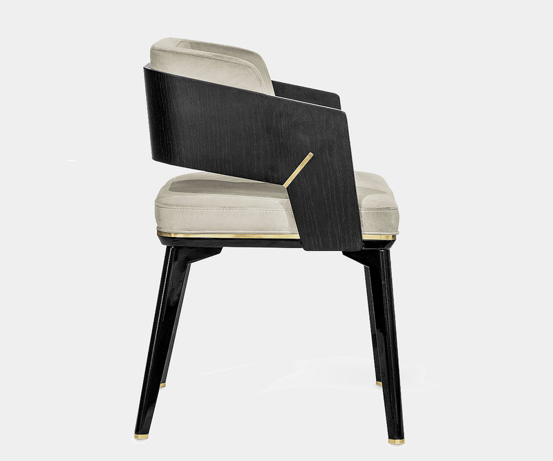 High-end Galea II dining chair with Roman-inspired design, polished brass, and velvet upholstery