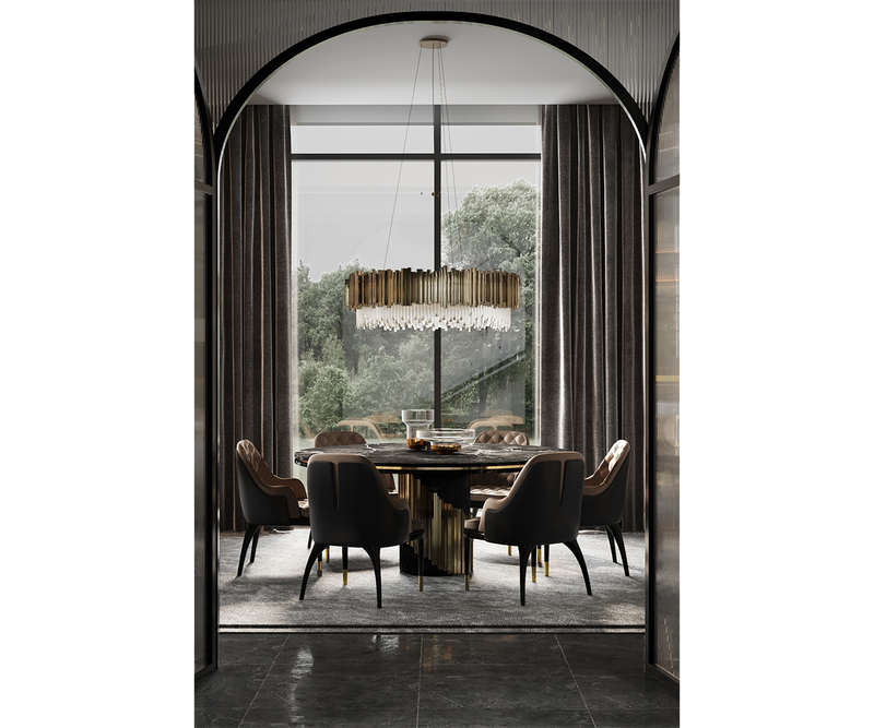 Nero Marquina Marble Dining Table with Optional Lazy Susan: The Helix Coiling Dining Table features a stunning Nero Marquina marble top and a polished brass base. An optional Lazy Susan adds functionality for effortless sharing during meals.