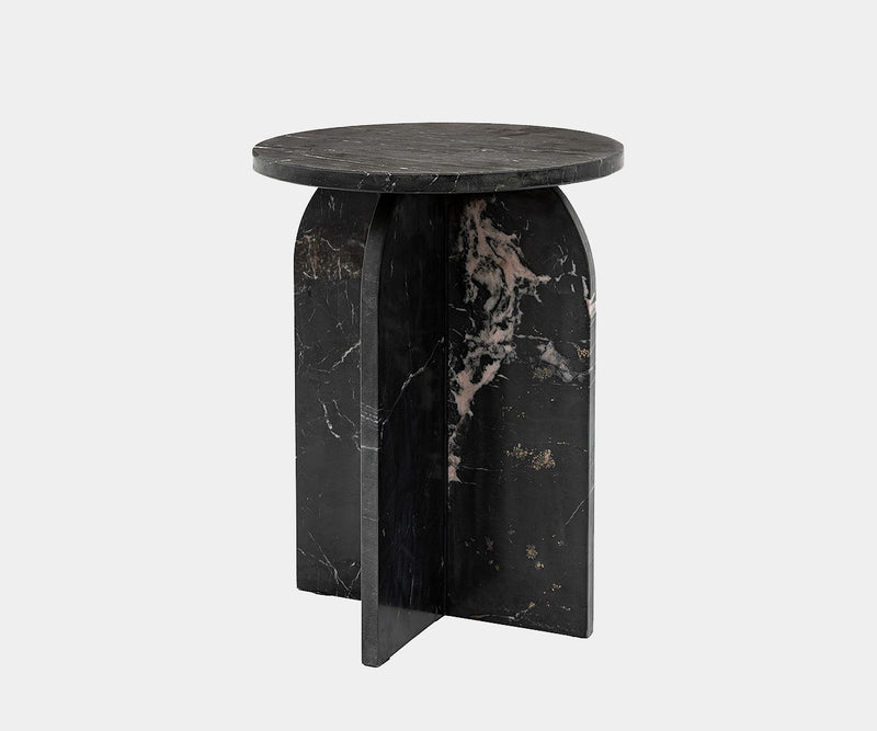 Close-up of the Amalfi Marble Side Table with intricate natural patterns and sleek lines.