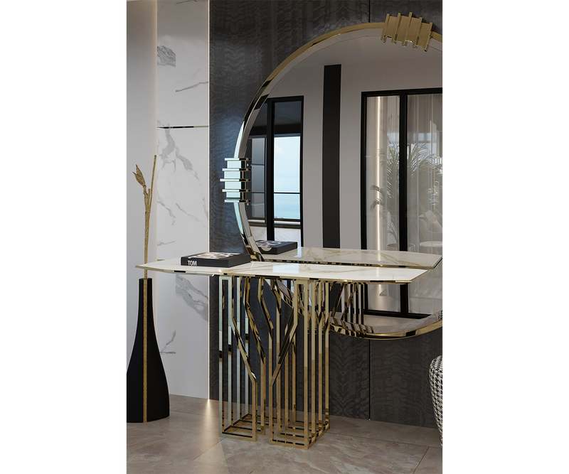 Modern Console Table with Bold Design: The Scarp Console: Make a statement in your entryway or living room with the Scarp Console, a modern console table featuring a rebellious design with polished brass legs and a Nero Marquina marble top.