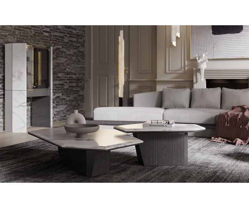 Statuario marble and glossy Eucalyptus Veneer Algerone Set II by Luxxu, an elegant addition to modern living spaces