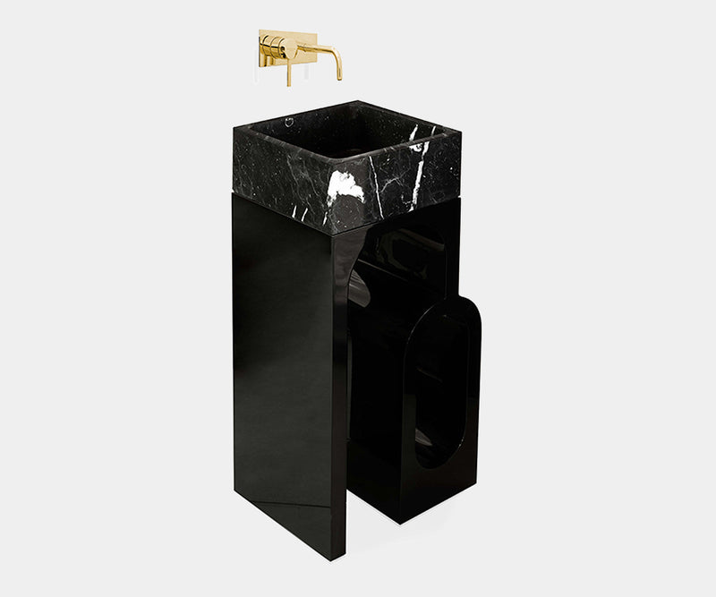 Opulent Colosseum Pedestal Sink with a striking black marble top and contemporary pedestal design by Maison Valentina.