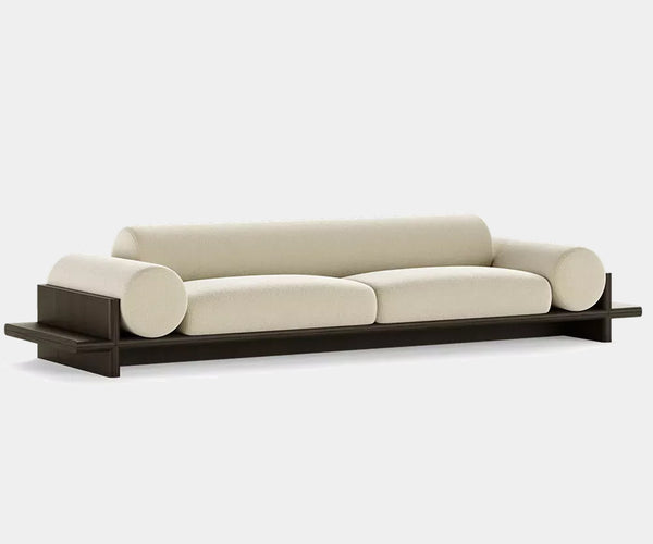 Customisable luxury sofa featuring oak and fabric finishes.