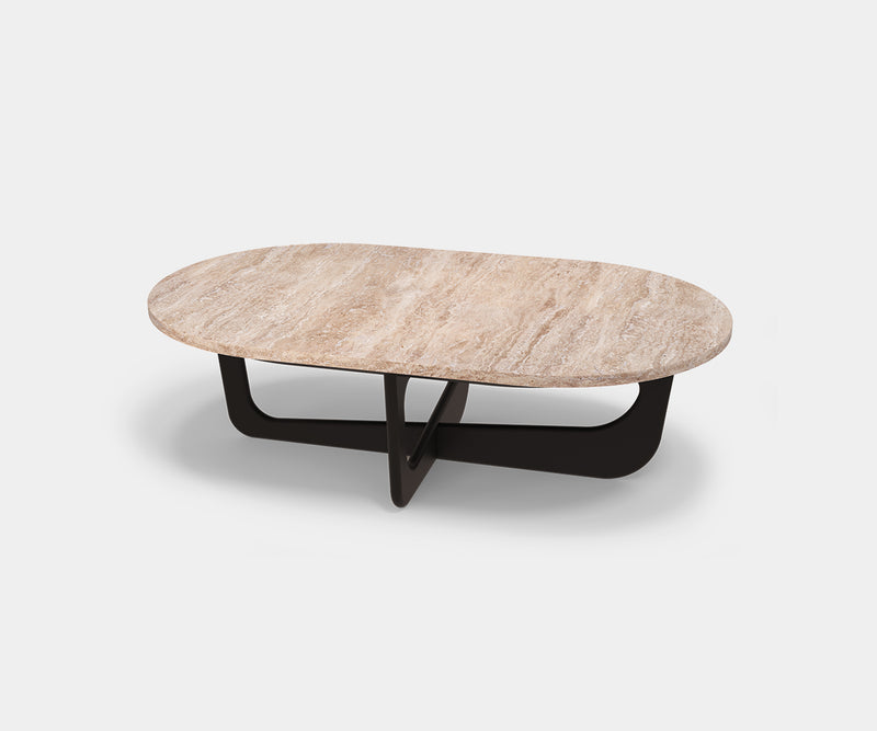 Modern Travertine Coffee Table with Sleek Lacquered Steel Base.