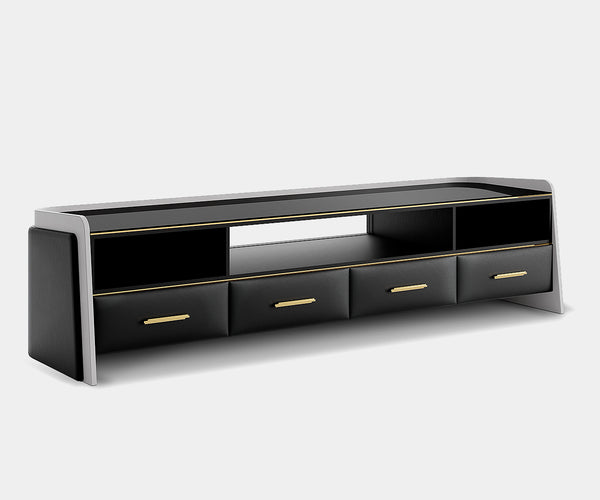 Modern TV stand Charla featuring premium leather, polished brass accents, and smoked glass surface