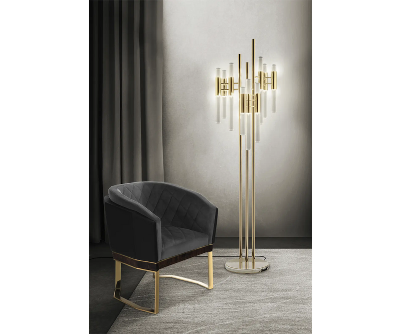 Illuminated Crystal Floor Lamp - Cascade Design with Gold Finish