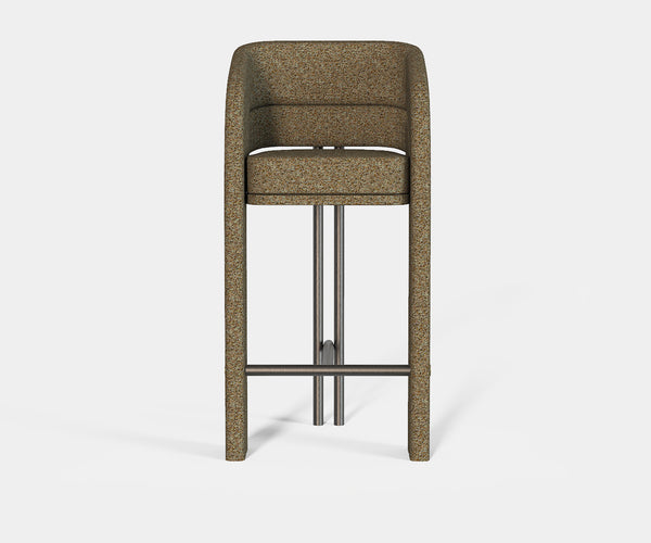 Timeless Era Hudson Bar Chair designed for modern bar seating, featuring bouclé fabric and sleek black metal with gold accents.