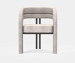 Muranti Hudson Dining Chair featuring luxury bouclé upholstery, black matte metal, and brushed gold accents for high-end interiors.