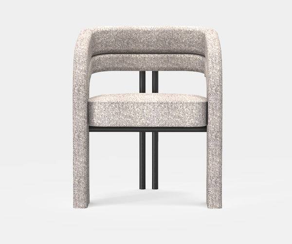 Muranti Hudson Dining Chair featuring luxury bouclé upholstery, black matte metal, and brushed gold accents for high-end interiors.