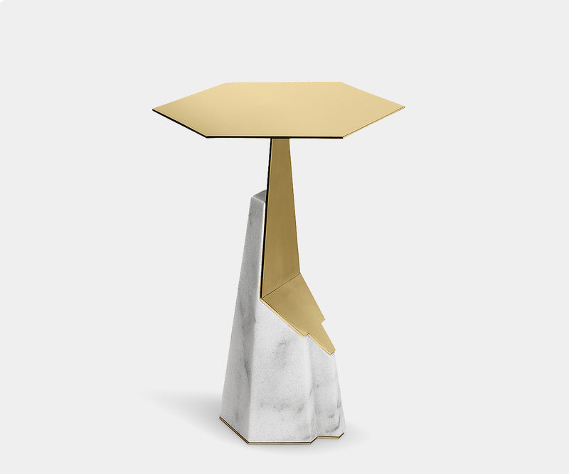 Contemporary luxury side table with polished brass and Carrara marble design by Luxxu