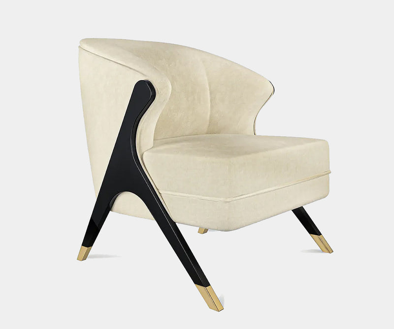 Designer furniture Naomi chair in velvet with mid-century modern influence.