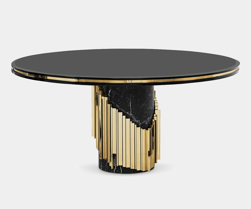 Modern Dining Table with Spiral Design: This modern dining table, the Helix Coiling Table, boasts a unique spiral design with a polished brass base for a touch of luxury.