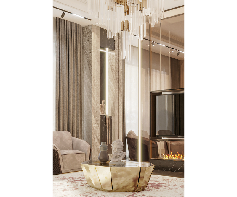 Opulent Living Room: The Vitreous Shard Center Table serves as a captivating focal point in this lavish space.