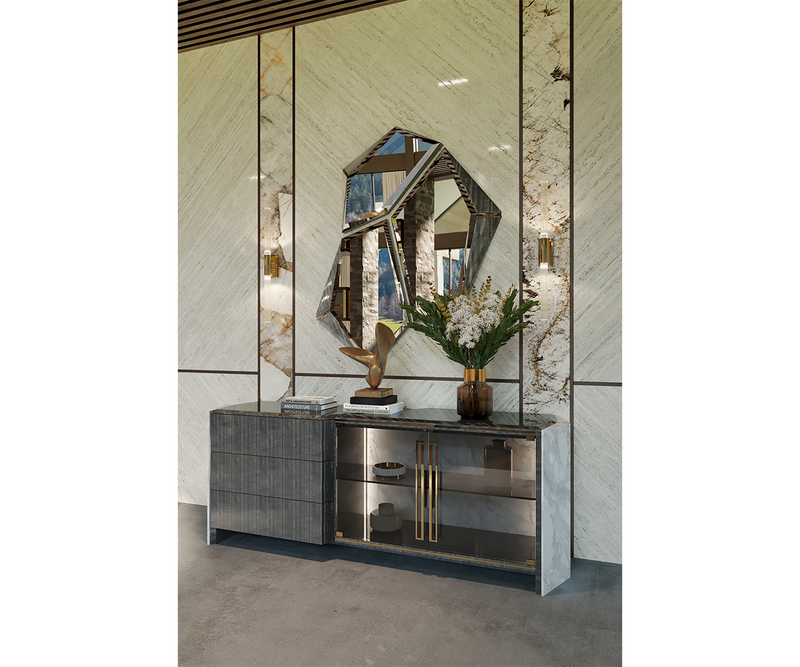 Modern geometric mirror with polished brass accents, perfect for high-end interiors.