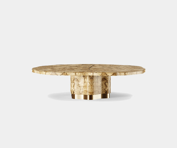 Patina: Round Centre Table with Aged Brass Base by Pardo - Inspired by nature, this round center table by Pardo features a stunning aged brass base with a blooming elegance. The tabletop, crafted from ash olivato veneer with a matte finish, creates a captivating centerpiece for luxury living rooms.