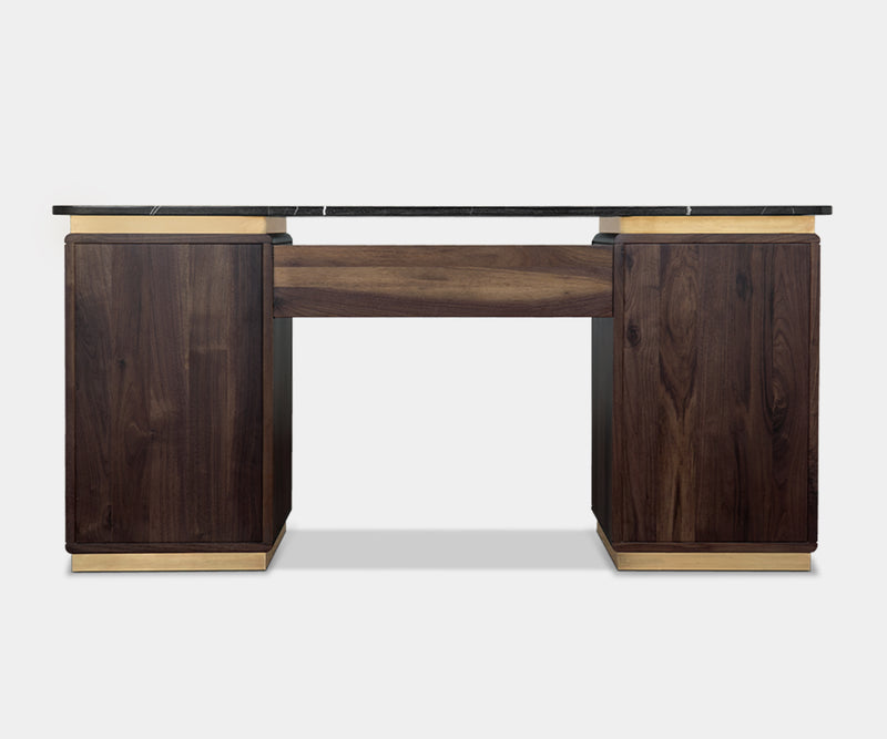 Contemporary desk with sleek design, Nero Marquina marble, and brass details