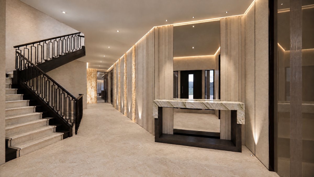 Entrance hall of a private residence in Mottram St Andrew, Cheshire, designed by Touched Interiors