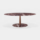 Rastrema Round Pedestal Luxury Dining Table in Rosso Levanto marble with brushed copper