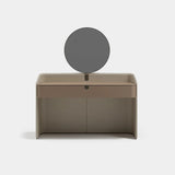 Savoy Leather Shell Luxury Console Table: taupe leather shell with a matching top, shown with the round mirror