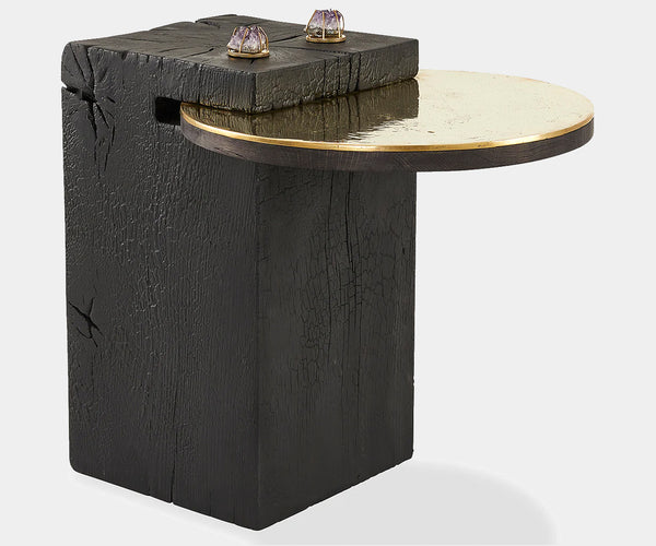 Shou Sugi Ban blackened oak side table with brass top, perfect for luxury home decor and modern interiors.