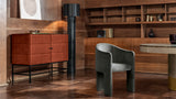 Siena curved dining chair beside a red lacquered cabinet in a wood panelled study