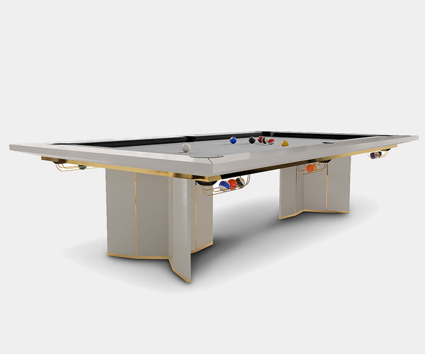 High-end snooker table in a luxury entertainment room featuring Statuario marble and polished brass.