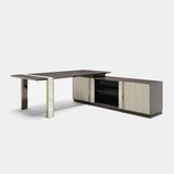 Spearing Executive Luxury Desk with Side Cabinet: matt dark wood veneer with an ivory fluted base and side cabinet