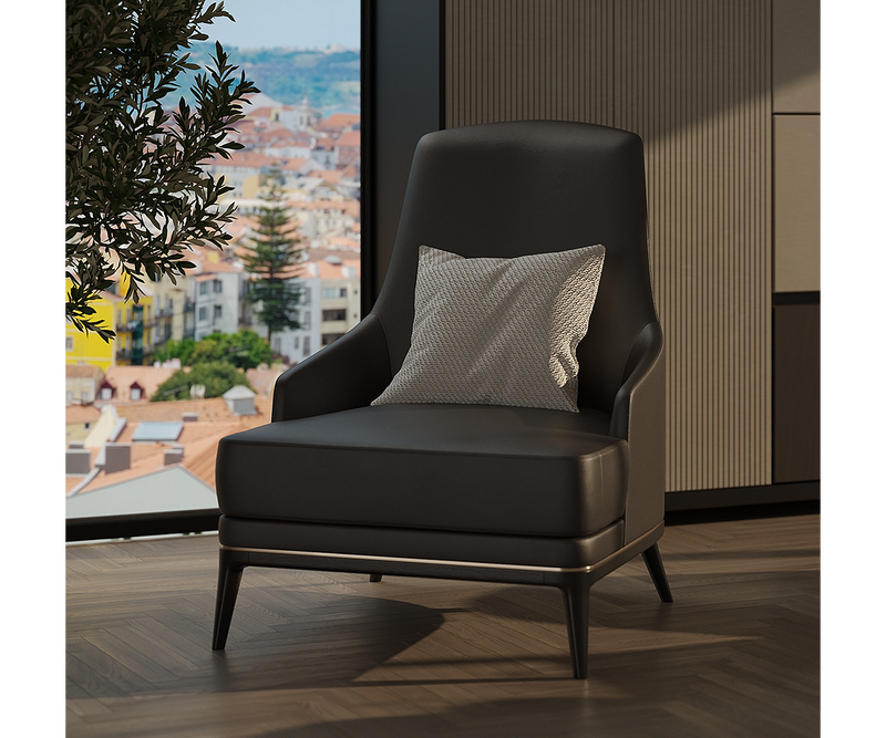 Statement piece Redd luxury armchair in modern design, featuring plush fabric and elegant brass details for contemporary spaces.