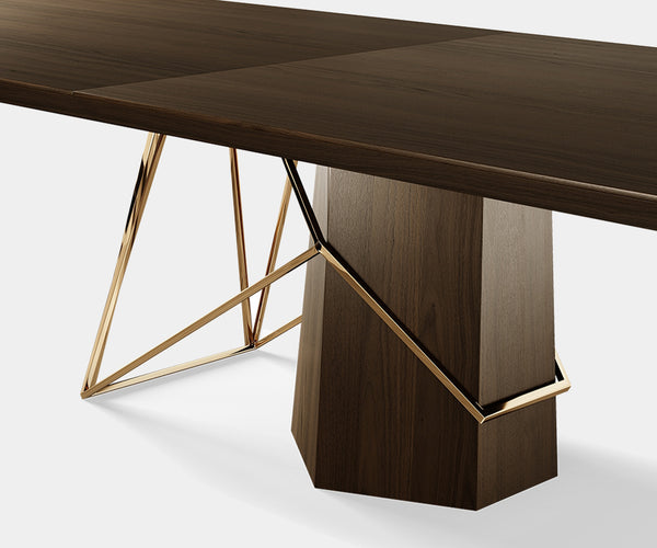 Sustainable Dining Table: The Architect by Outline - This modern dining table, The Architect, features sustainably sourced walnut wood with a beautiful matte finish, complemented by gleaming polished brass accents. A perfect choice for the eco-conscious design enthusiast.