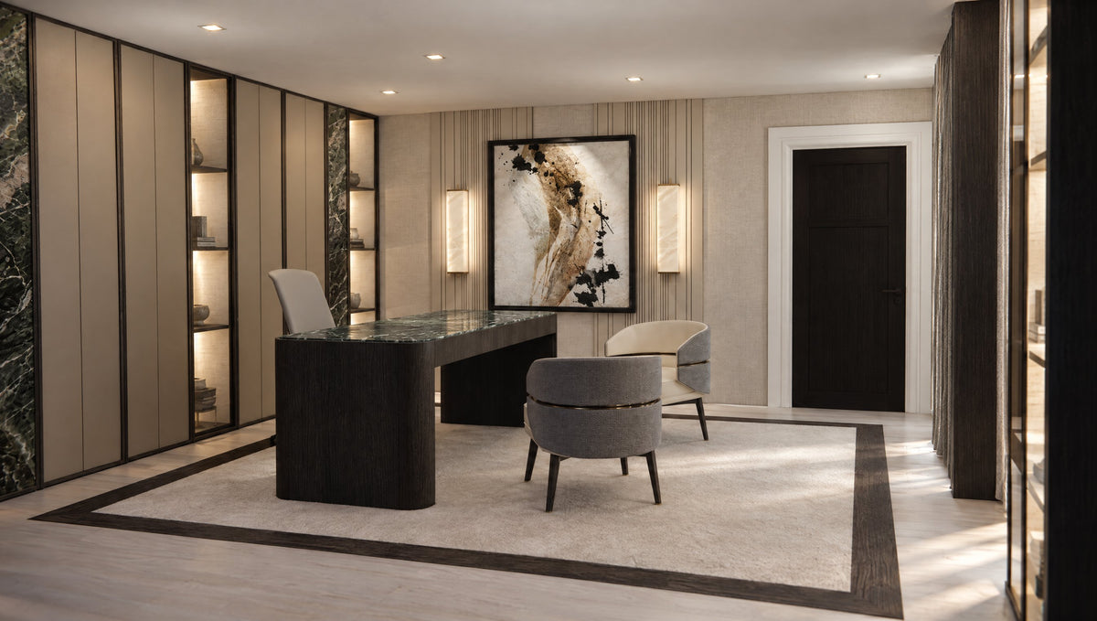 Private office with a green marble desk and alabaster wall lights, designed by Touched Interiors