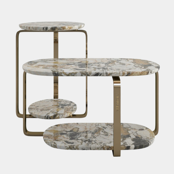 Visionnaire Button Coffee Table: Luxurious modern coffee table featuring a hand-polished marble top with captivating veining and a unique "up-side-down half bullnose" edge. The polished stainless steel base, comprised of three curved elements, creates a sense of fluidity and modern elegance.
