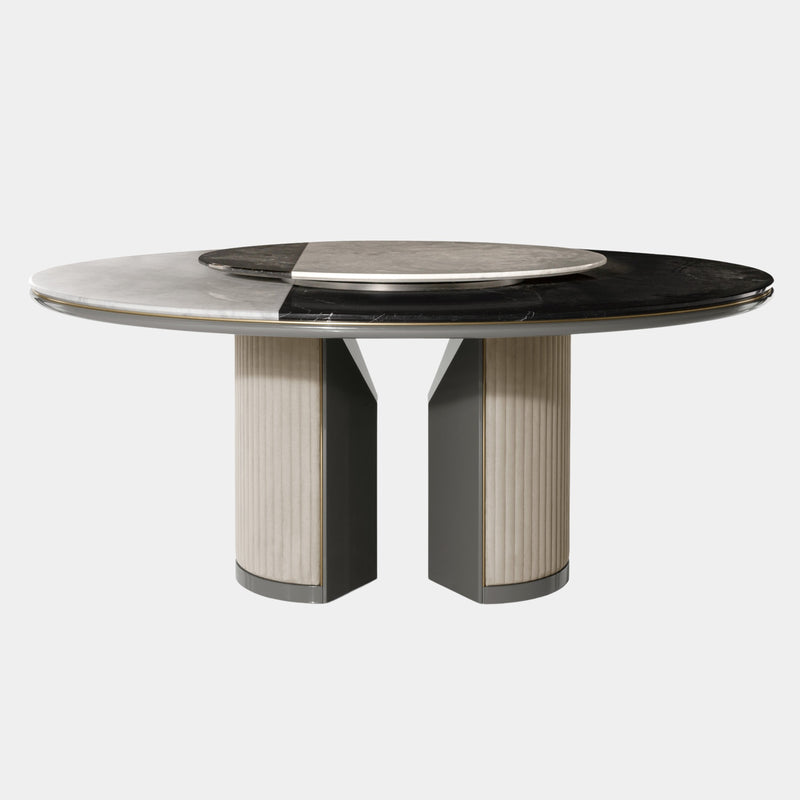 Visionnaire Palace Dining Table: Luxury dining table featuring a polished marble top with a modern half-bullnose edge and a contrasting lacquered wood undertop. The Lazy Susan and chrome accents add a touch of functionality and elegance.