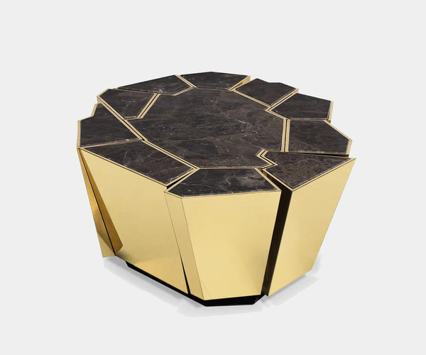 Vitreous Shard Center Table: A luxurious centerpiece featuring a walnut veneer top and a hand-crafted brass base.