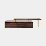 Castro Lighting Walter TV Unit in polished brass with a marble top, available from Touched Interiors UK