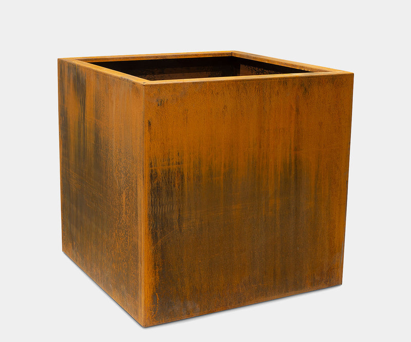 Versatile Corten Steel Planter Cube suitable for luxury real estate and upscale commercial landscaping.