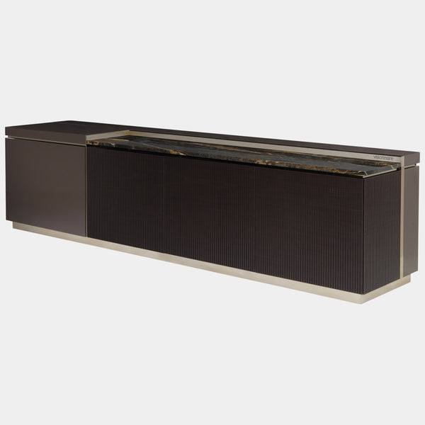 Luxury Italian Low Cabinet: The Barbican Low Unit by Visionnaire offers a touch of modern sophistication to your space. This versatile piece boasts a Port Laurent marble top, textured doors, and customisable finishes.