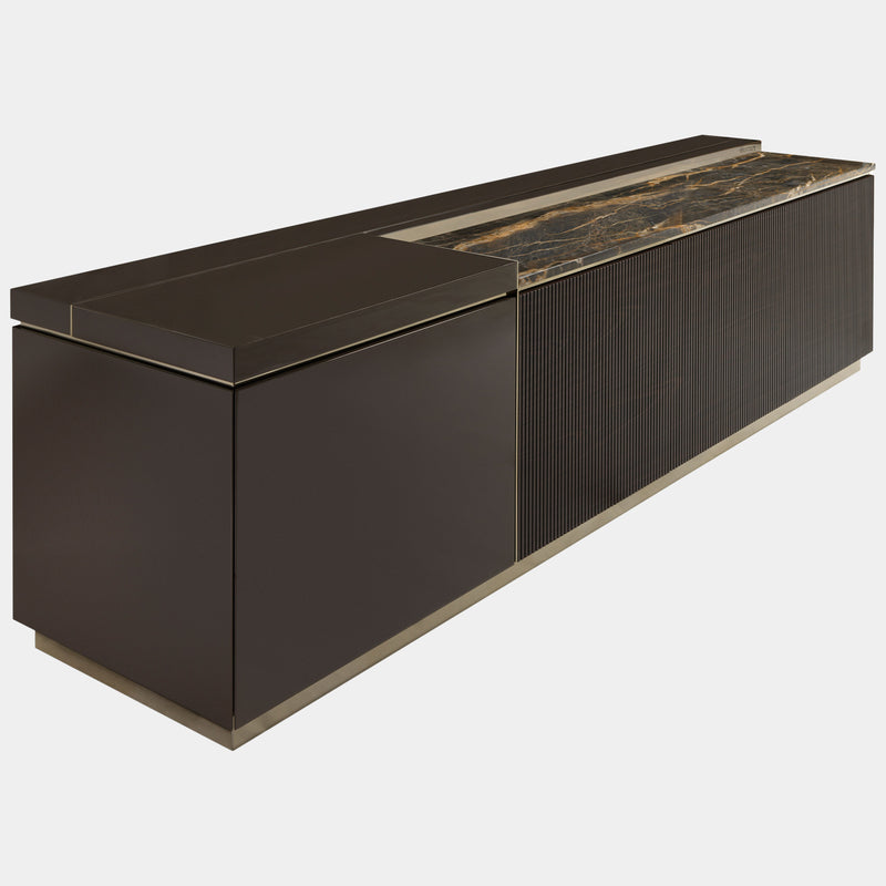Textured Door Modern Credenza: Visionnaire's Barbican Low Unit features unique canneté motif doors, available in matte veneer or lacquered finishes.