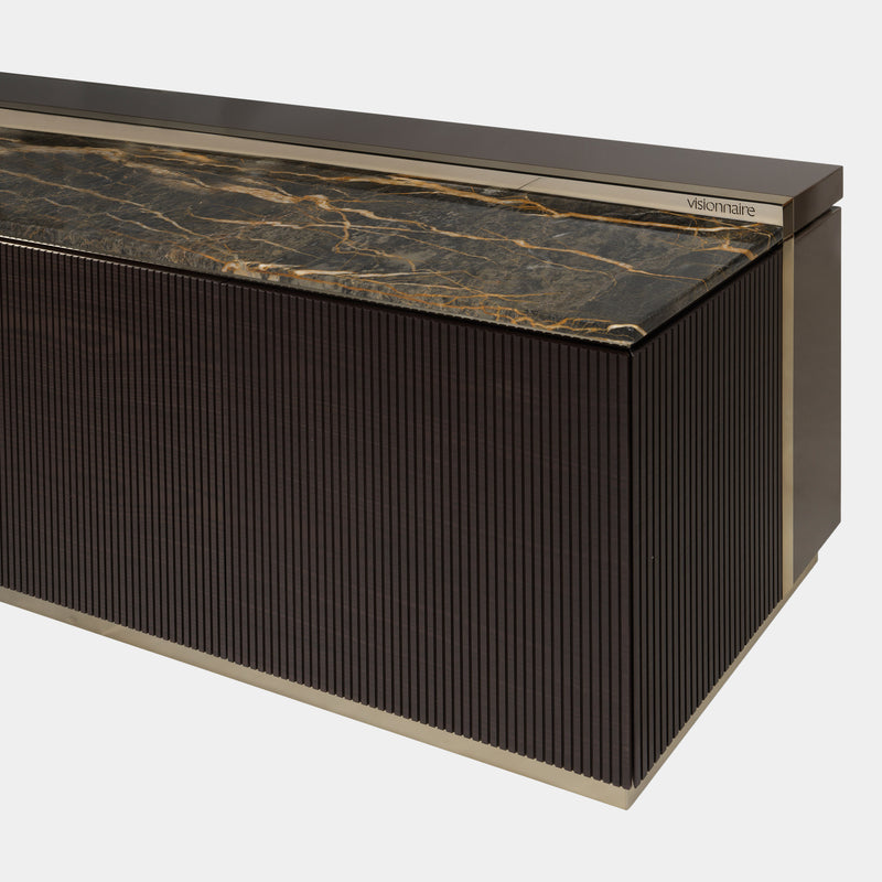 Port Laurent Marble Top Credenza: The Barbican Low Unit by Visionnaire showcases a luxurious Port Laurent marble top with captivating black natural stone and gold veining.