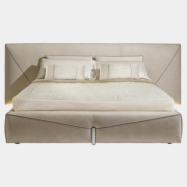 Visionnaire Bastian Bed Frame: Luxurious modern bed frame featuring a timeless design with contrasting piping details on the upholstered headboard and bed base. Available in king and queen sizes, the Bastian Bed is customizable with a variety of leathers or fabrics and metal finishes.