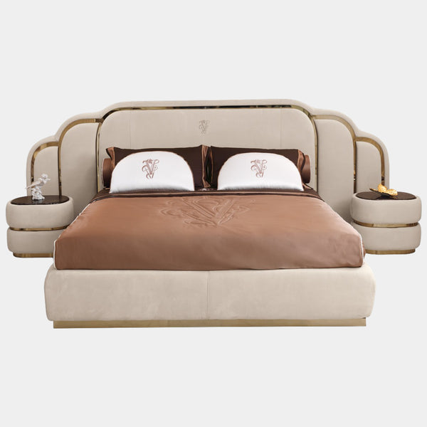 Visionnaire's Bradley Bed: A modern luxury bed frame featuring a plush upholstered headboard, polished stainless steel accents, and adjustable slat support system.
