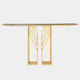 Modern Luxury Console Table: The Scarp Console: This modern console table features a rebellious design with polished brass legs and a Nero Marquina marble top, perfect for a statement piece in any luxury interior.