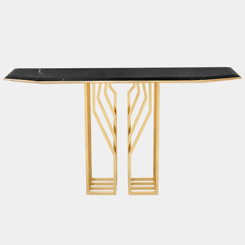 Nero Marquina Marble Console with Rebellious Design: The Scarp Console boasts a sleek Nero Marquina marble top contrasted by powerful, polished brass legs for a touch of rebellion in your modern home.