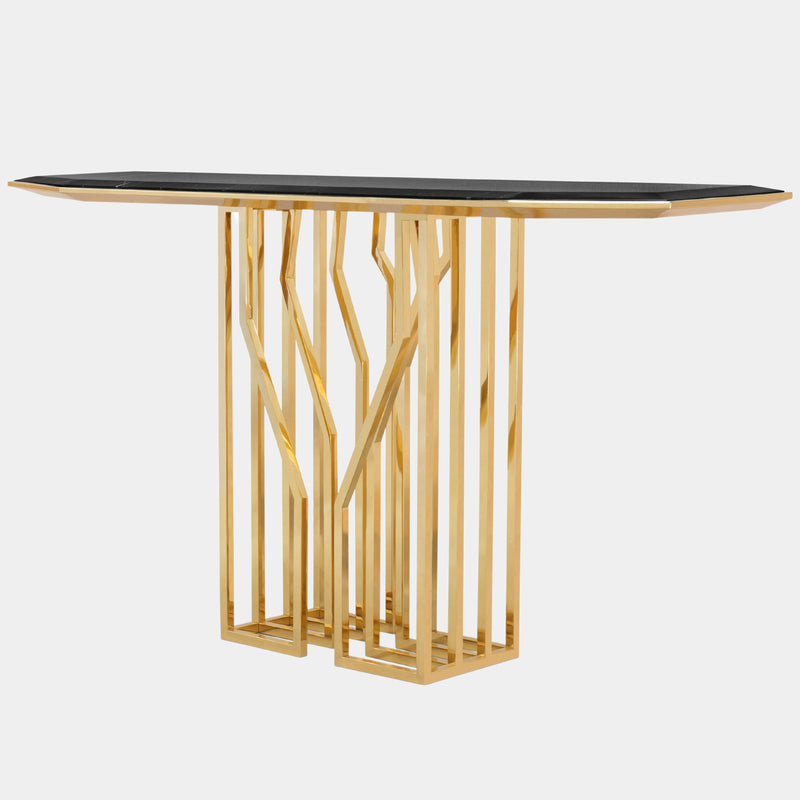 Statement Console Table with Polished Brass Legs: The Scarp Console, a statement piece for the modern home, features gleaming polished brass legs and a Nero Marquina marble top, creating a captivating focal point.