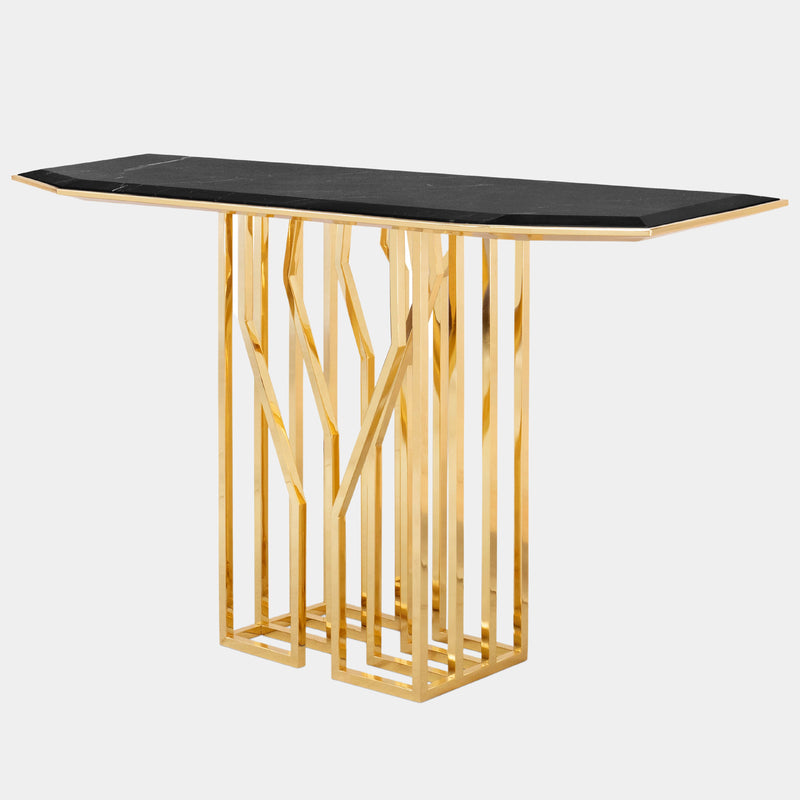 Luxury Home Decor: The Scarp Console: Elevate your entryway or living space with the Scarp Console, a luxurious statement piece featuring a Nero Marquina marble top and polished brass legs.