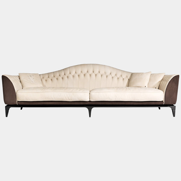 Visionnaire's Freyr Sofa: The epitome of modern luxury. This Italian-designed sofa features a seamless shell design, two-tone leather upholstery with contrasting stitching, and plush Memory Foam® seating for unparalleled comfort.